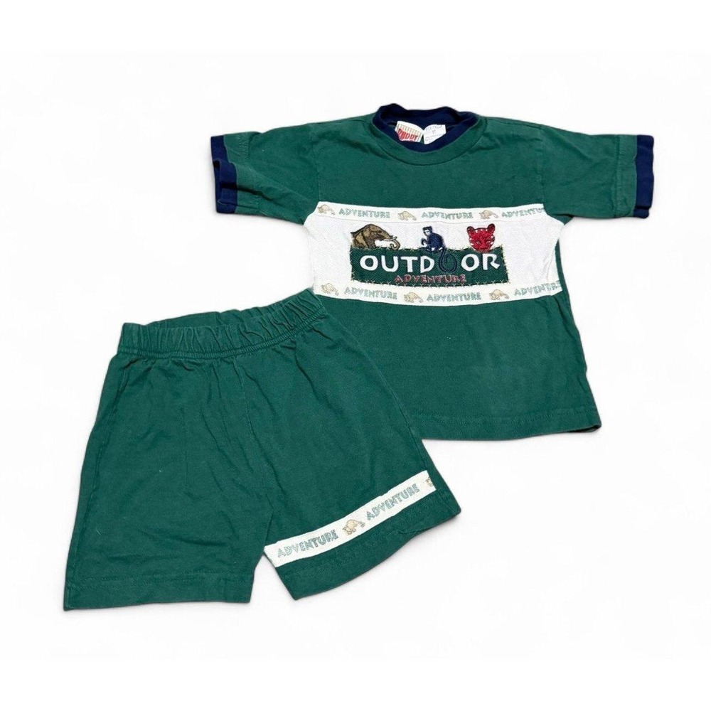 Vintage Buddy Boys 3T Outdoor Adventure Animal Shirt Shorts Set Green 90s